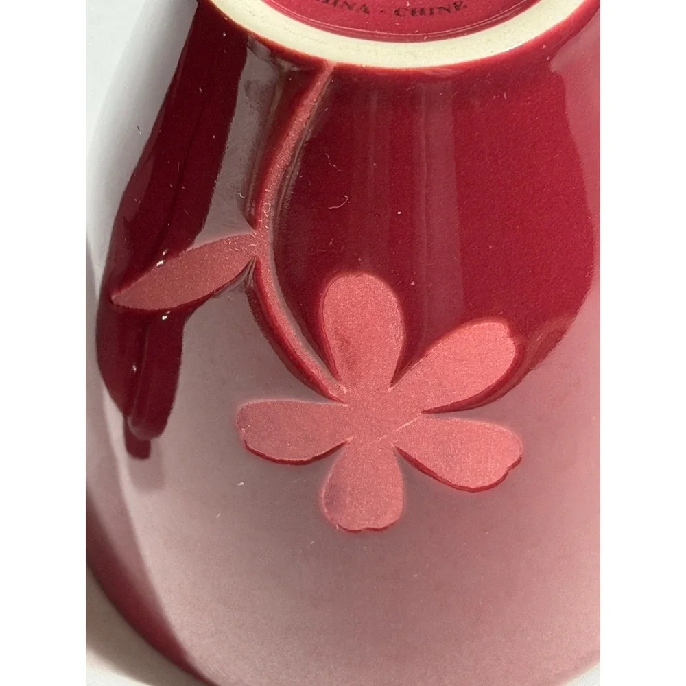 Pier 1 Red Floral Embossed Stoneware Coffee Mugs Set of 2 Deep Red Burgundy
